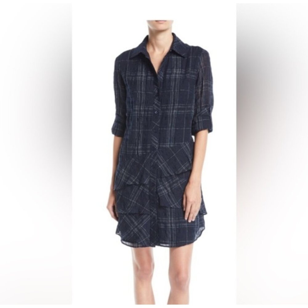 Finley Jenna Ruffle-Tiered Shirt Dress | Navy/White | M | Like New Condition